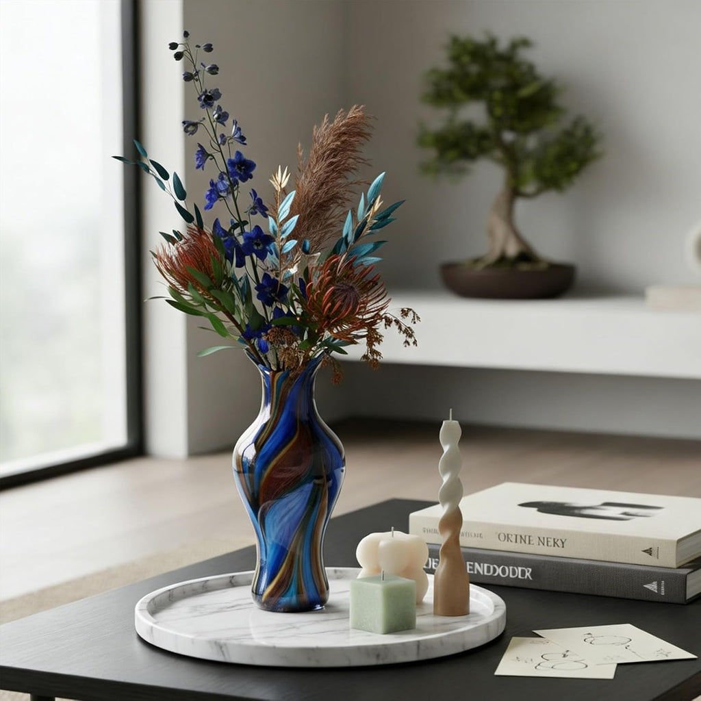 Handblown Art Glass Vase, 12.4" Tall Heavy Duty Decorative Flower Vase with Unique Swirl Pattern, Modern Murano Style