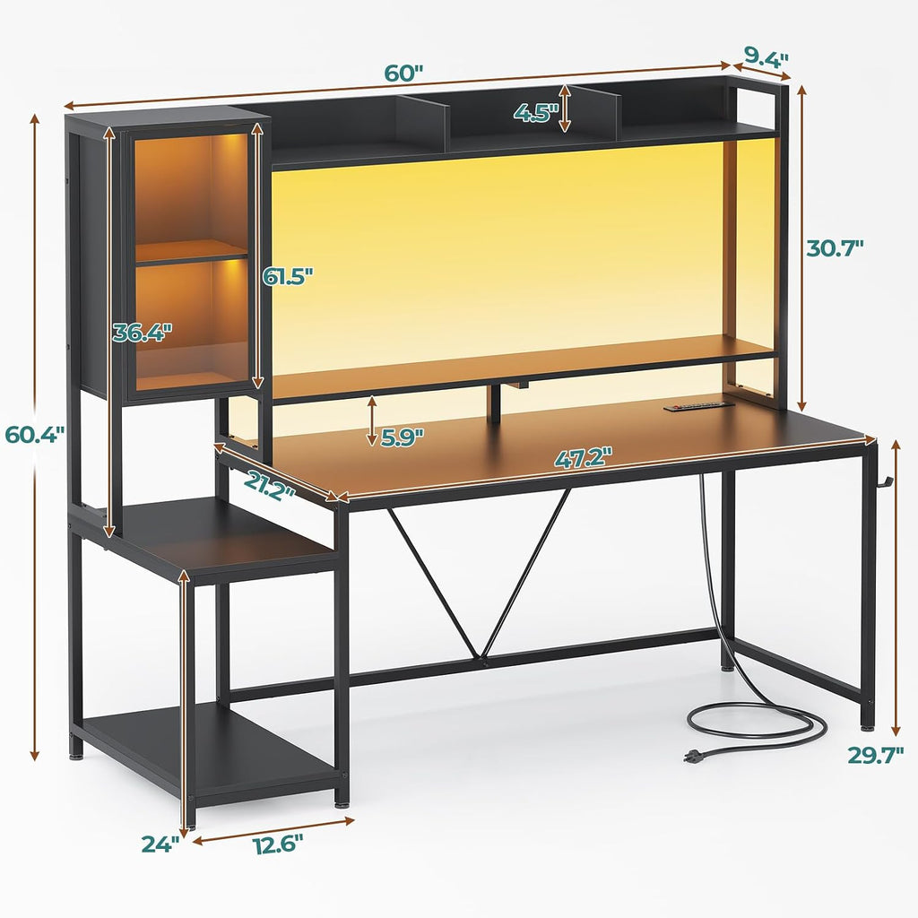 60'' Gaming Desk with Storage, Hutch, Display Cabinet and LED Lights | Computer Desk with Monitor Stand, Large PC