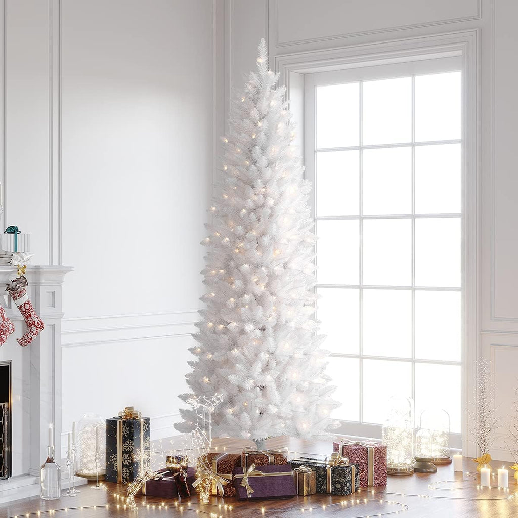 7.5ft White Christmas Tree, Fraser Fir Pencil Artificial Slim Trees Holiday Decor Prelit 350 Warm Lights 904 PVC