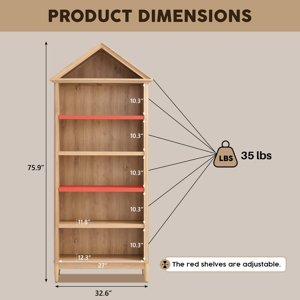 75.9" Tall Angled Arch Bookshelf, 5 Tiers Geometric Large Bookcase with Storage, Modern Triangular Top with