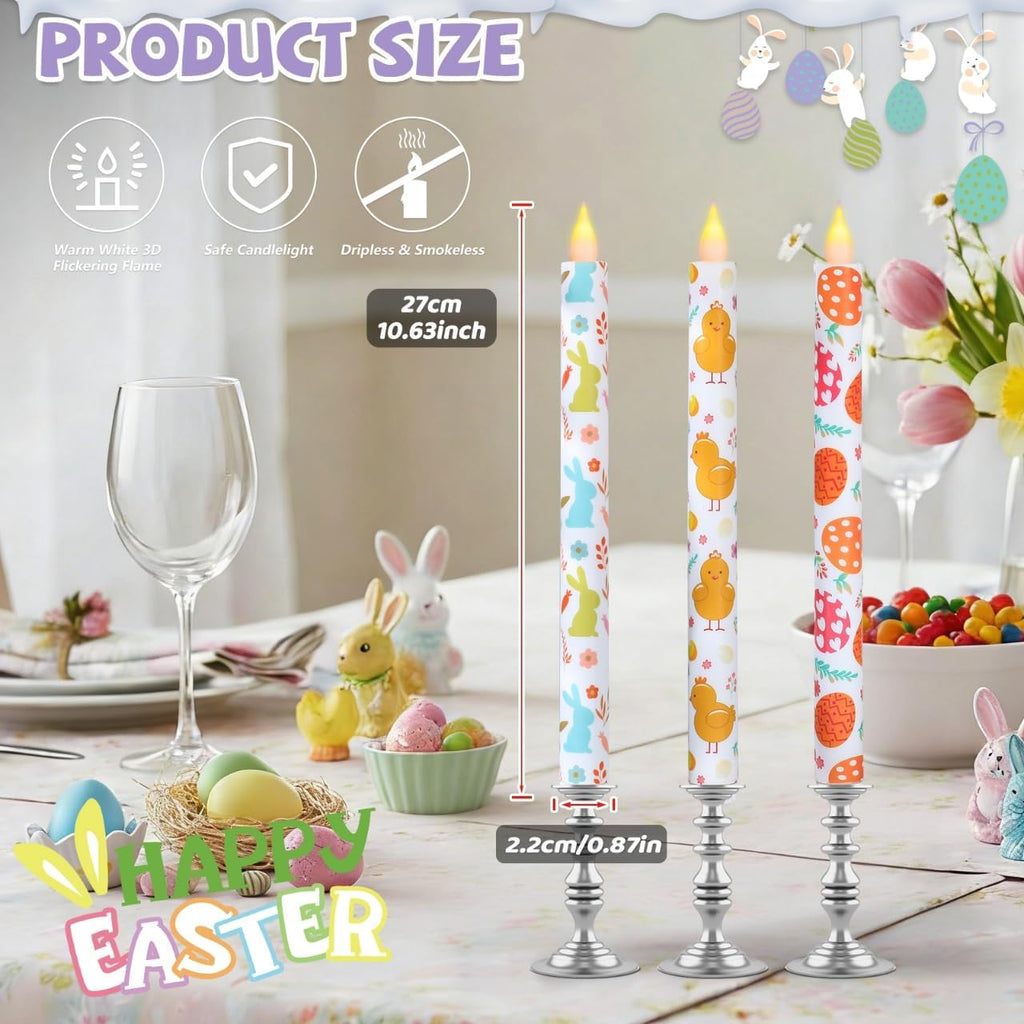 Easter Taper Candles - 10.6" Battery Operated Flameless LED Candles with Bunny, Chick & Egg Patterns, Flickering - Set of 6