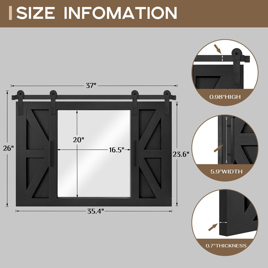 Farmhouse Barn Door Mirror - 37" x 26" Wall Mirror Rustic Black