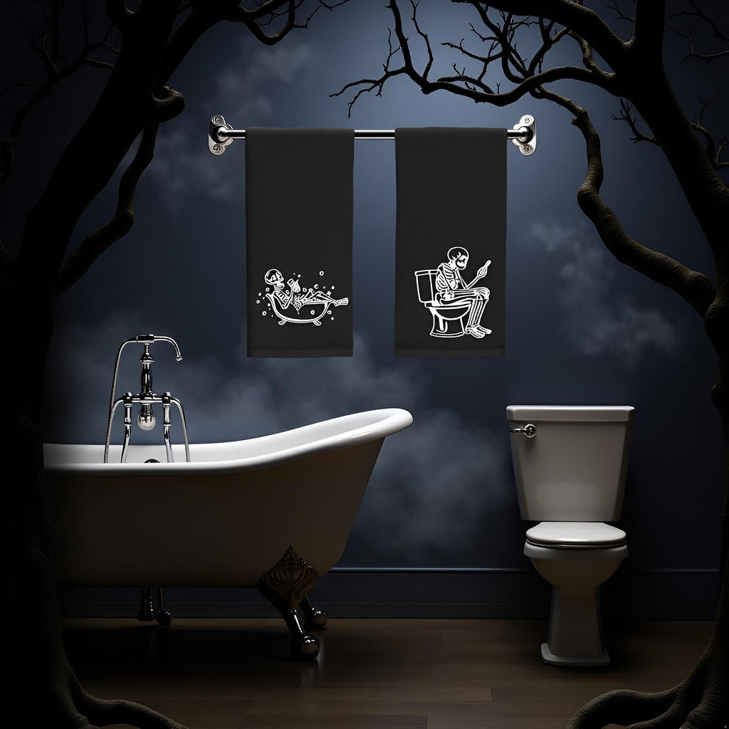 Luminous Halloween Hand Towels 100% Cotton Embroidered Skull Halloween Kitchen Towels Glow in The Dark Black - Set of 2