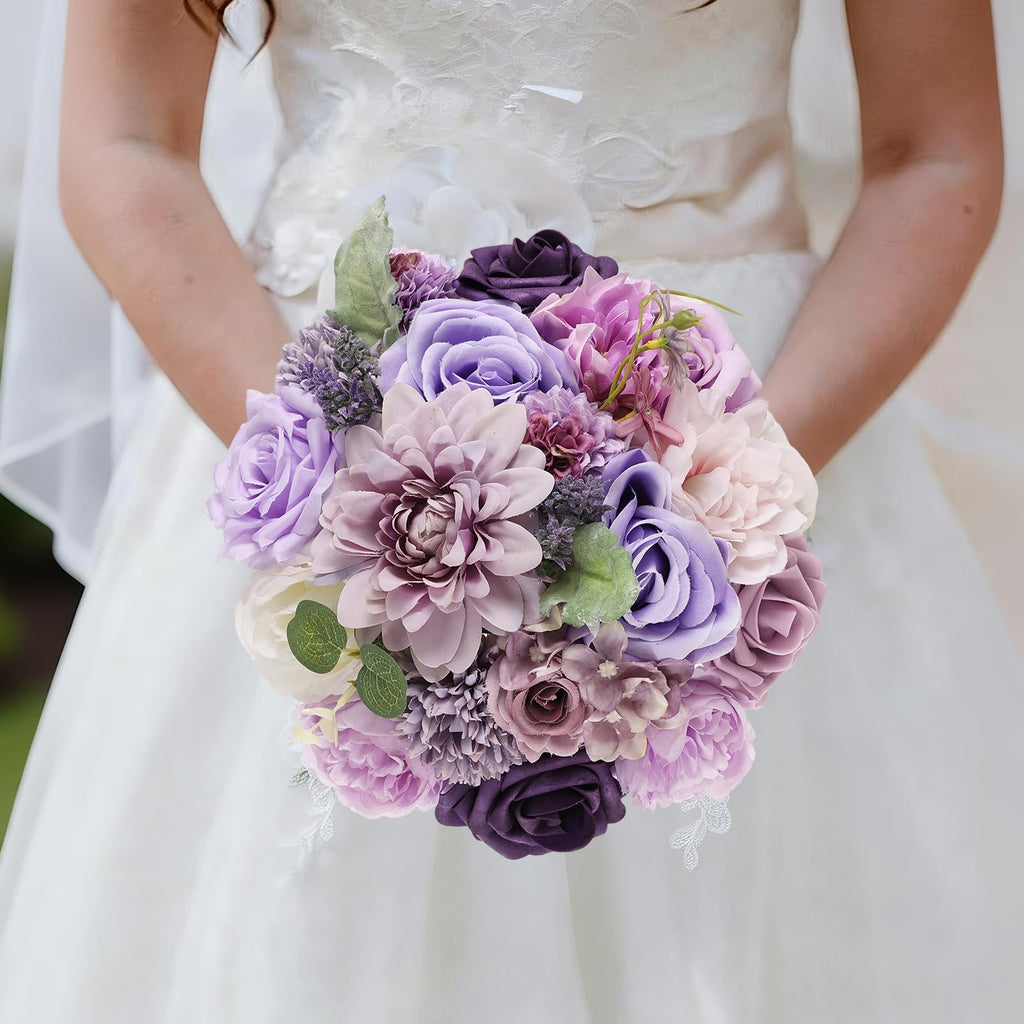 Artificial Combo Box Purple Fake Silk Flower Dahlia Roses for Wedding Bridal Bouquets, Baby Shower, Birthday, Floral