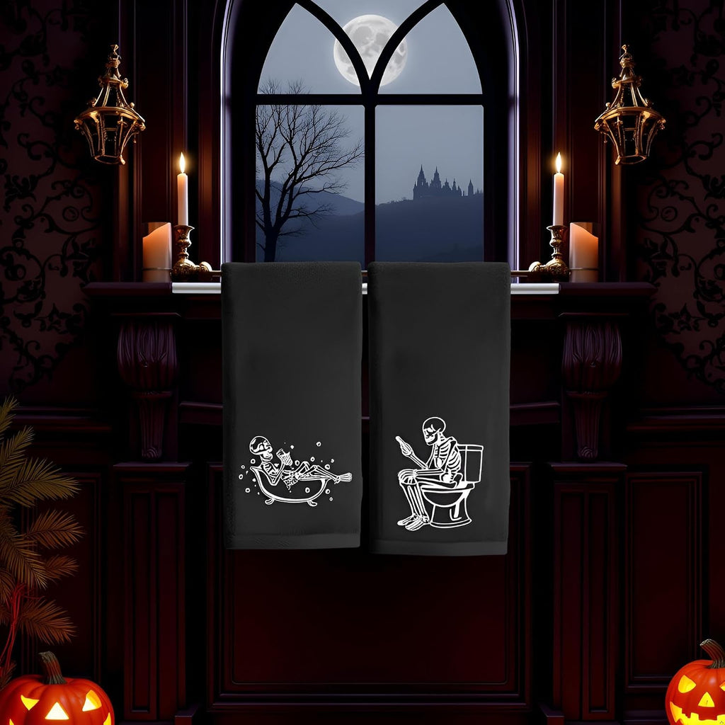Luminous Halloween Hand Towels 100% Cotton Embroidered Skull Halloween Kitchen Towels Glow in The Dark Black - Set of 2