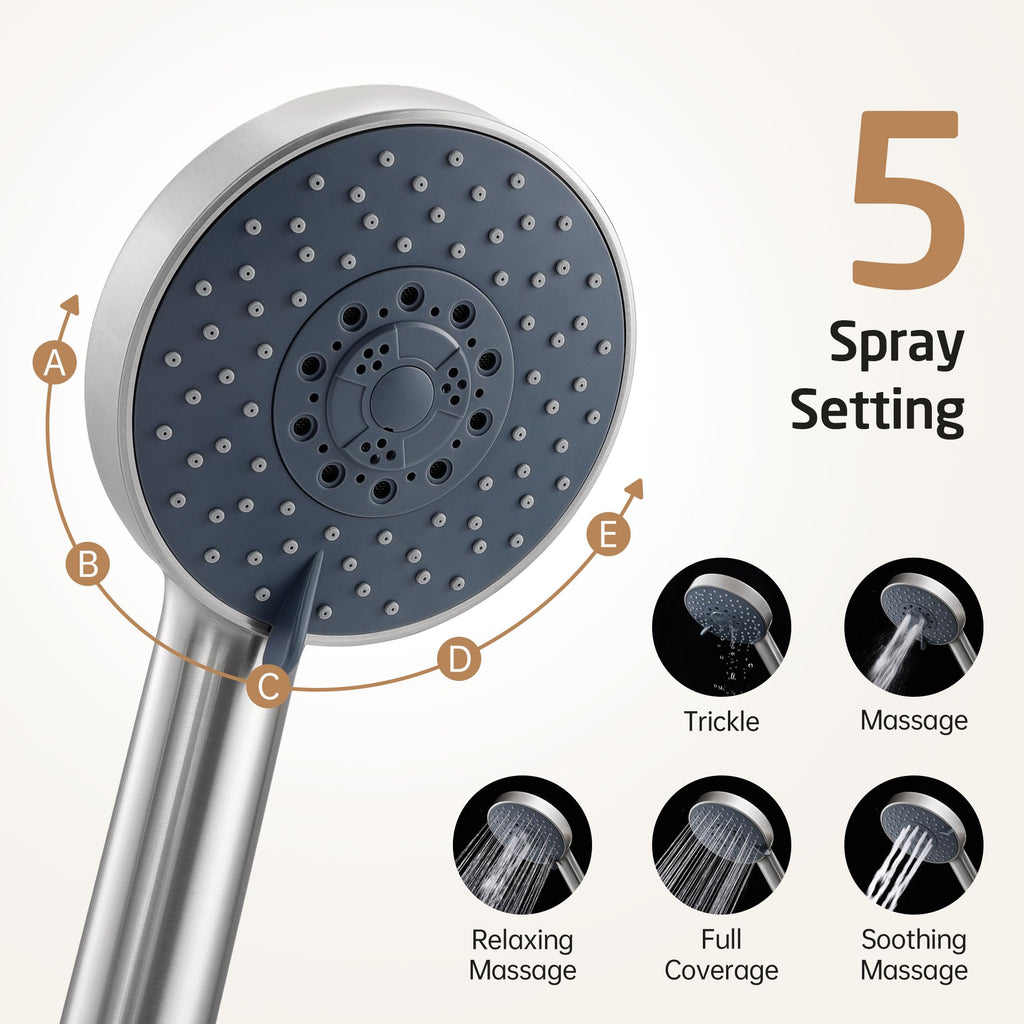 Adjustable Shower Head with Slide Bar, 5-Function Handheld Sliding Shower Head with Extra Long Hose Wall Mount