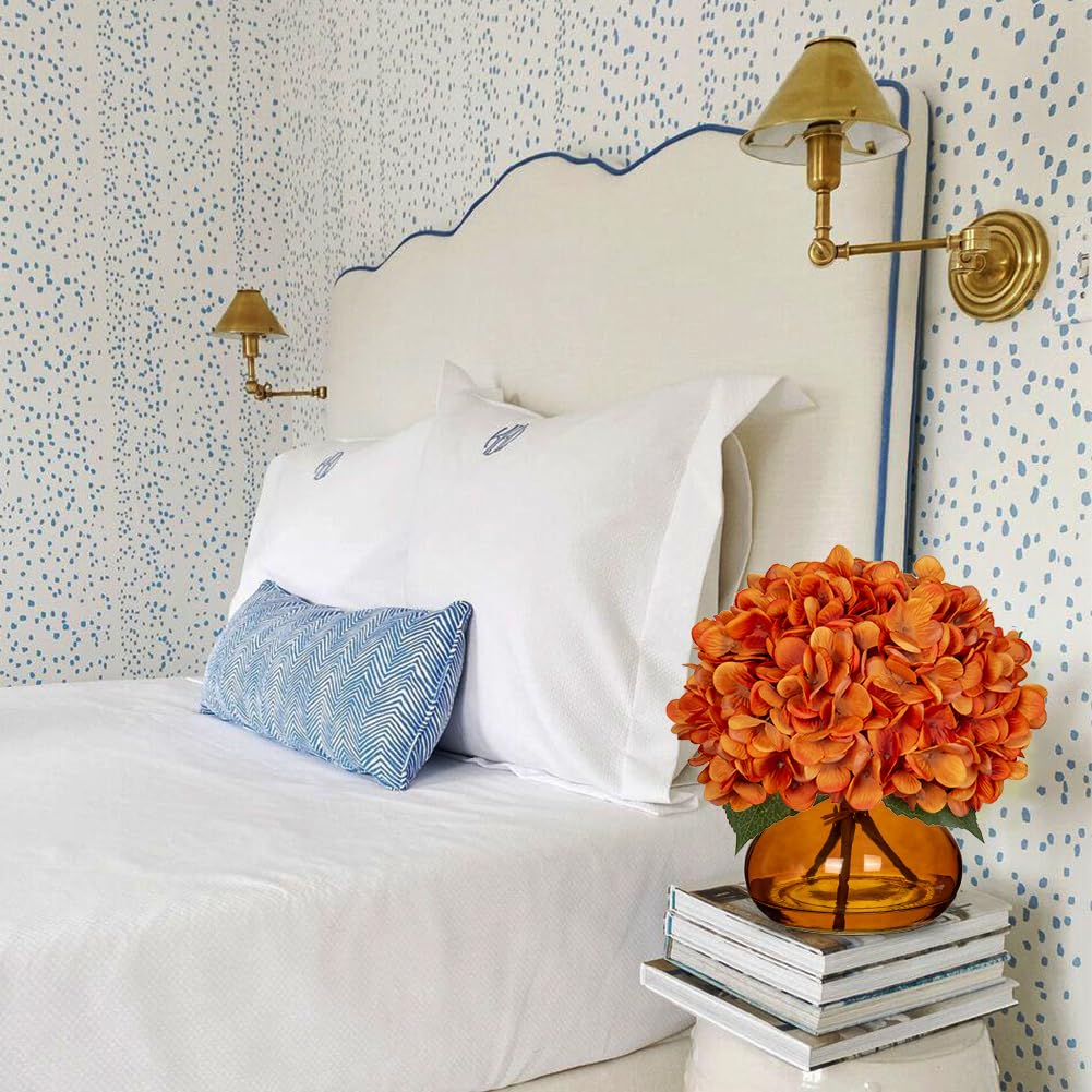 Orange Fall Hydrangeas with Vase Indoor Faux Fall Artificial Decor Silk Fake Arrangements in Glass Vase Autumn