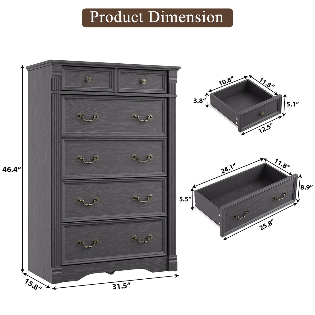 Grey 6 Drawer, 47" Tall, Wood Rustic Chest of Drawers with Chic Wood Pilasters, Dressers Organizer