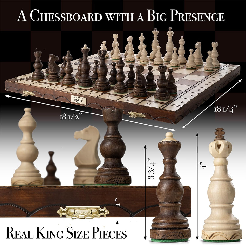 Legate Luxury Wooden Chess Set for Adults and Kids - 18 Inch Handcrafted from Premium Beech and Birch Wood - Unique