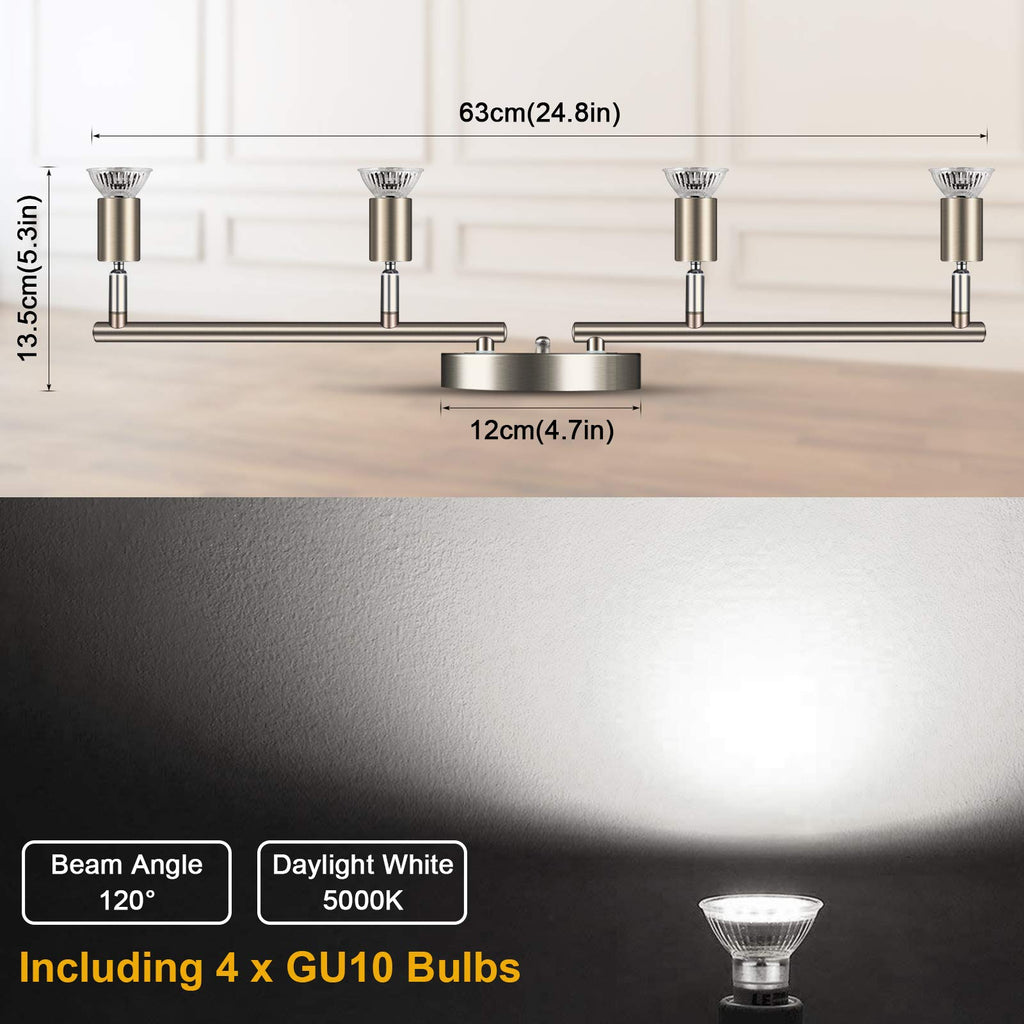LED Track Lighting Kit, Flexibly Rotatable Light Heads, 4 Way Ceiling Spotlight Matt Nickel Finish, Including