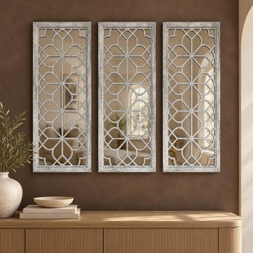 Set of 2 16x41.5 Inch Large Carved Floral Wood Frame Wall Mirrors, Shatterproof Boho Farmhouse Rustic Accent Mirrors