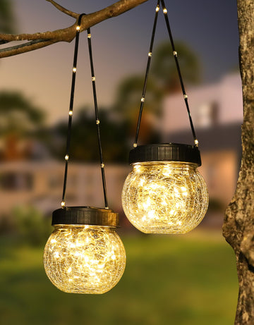 Lantern Solar Lights Outdoor Waterproof 2-Pack, Solar Powered Hanging Lights Cracked Glass Hanging Globes for