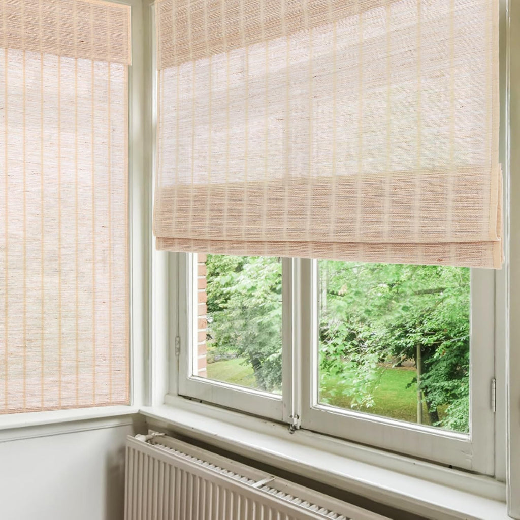 Blackout Bamboo Roman Shades Cordless, Woven Wood Natural Reef Roman Shade for Windows, Doors, Porch