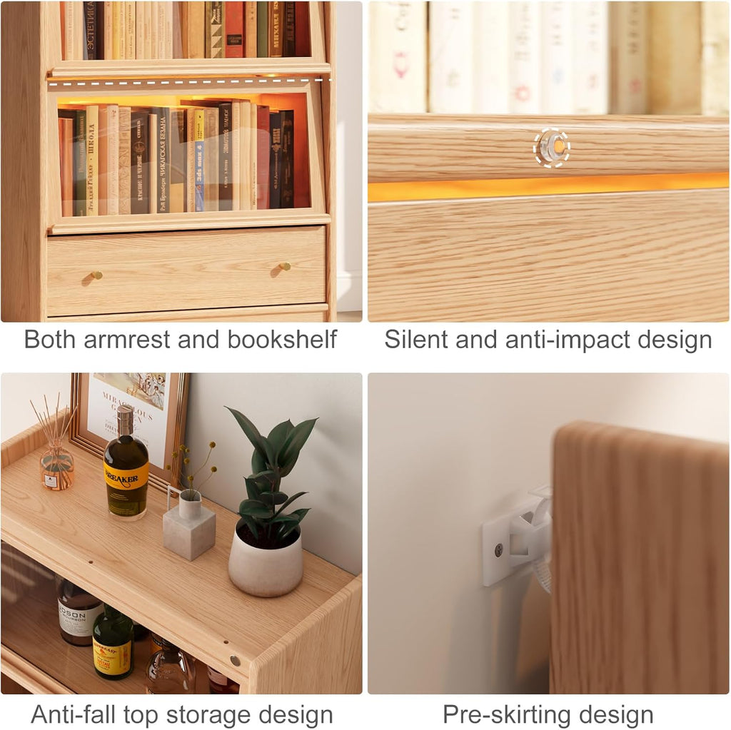 73" H Tall Solid Wood Bookcase with Flip-Up Tempered Glass Doors and 3 Color Led Lights,4 -Tier Wooden Bookshelf with