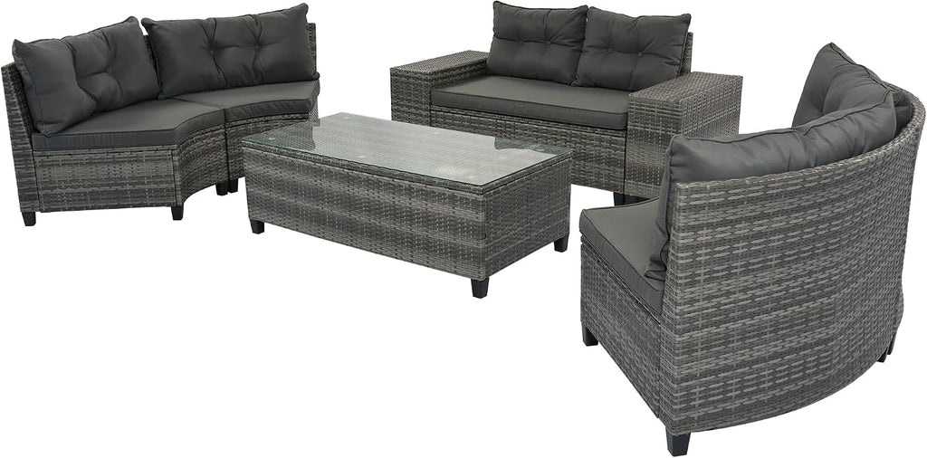 Half-Moon Curved Outdoor Sectional Sofa and Side Table, Wicker Rattan Patio Coversation Set 8 Piece, Gray