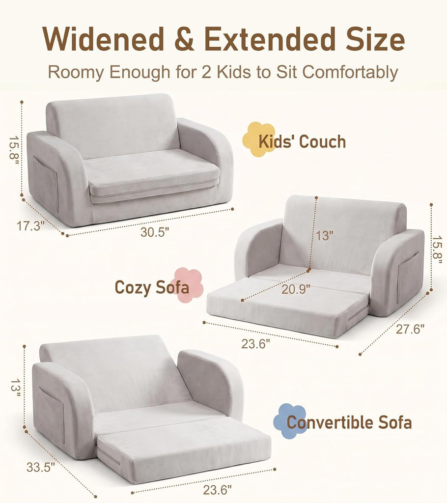 In-1 Extra Wide Convertible Kids Couch, Flip Open Kid Sofa, Machine-Washable Kid Couch for Girls, Kids Sofa for Fun