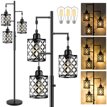 68" Industrial Tree Floor Lamp, Dimmable Farmhouse Tall Standing Lamp with Quatrefoil Cutout Shades & Rotary Dimmer