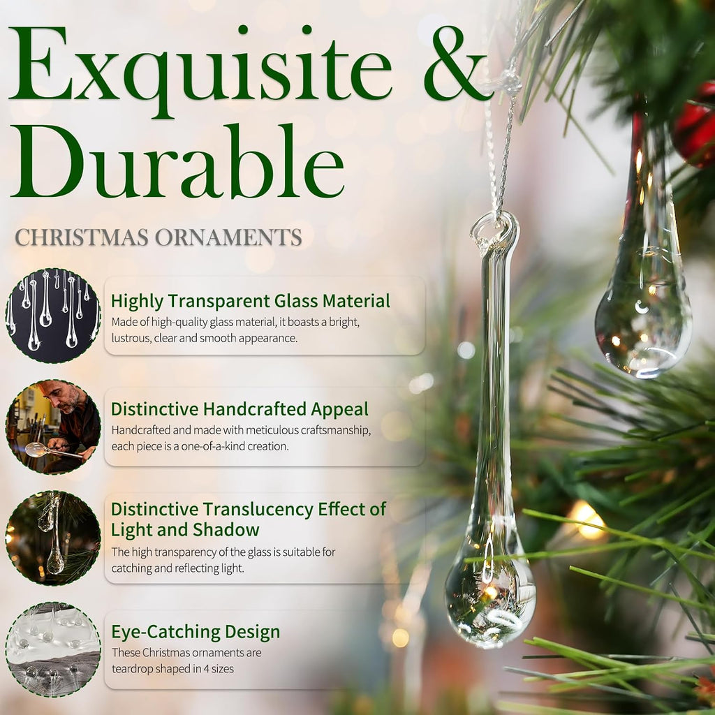 Handmade Glass Crystal Teardrop Christmas Ornaments, Clear Decor - Set of 64
