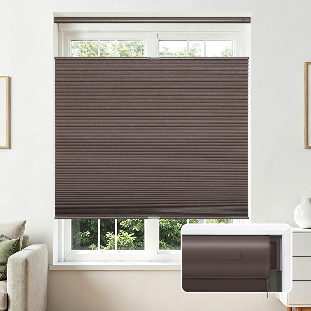 No Drill Blackout Cellular Shades, Brown, 22" W x 64" H | Cordless Top Down Bottom Up Blinds, No Drill Installation