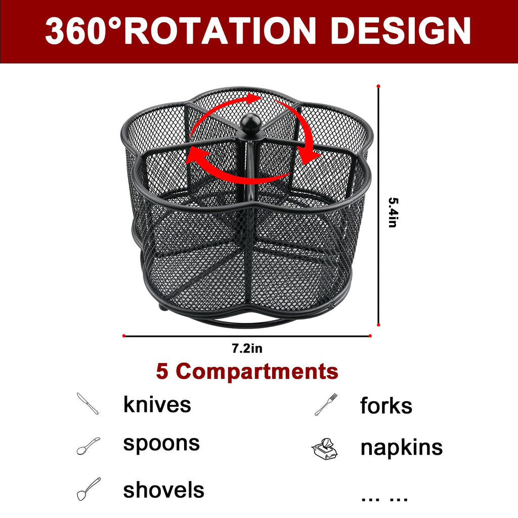 360° Rotating Silverware Utensil Caddy Holder, 5 Compartments, Black