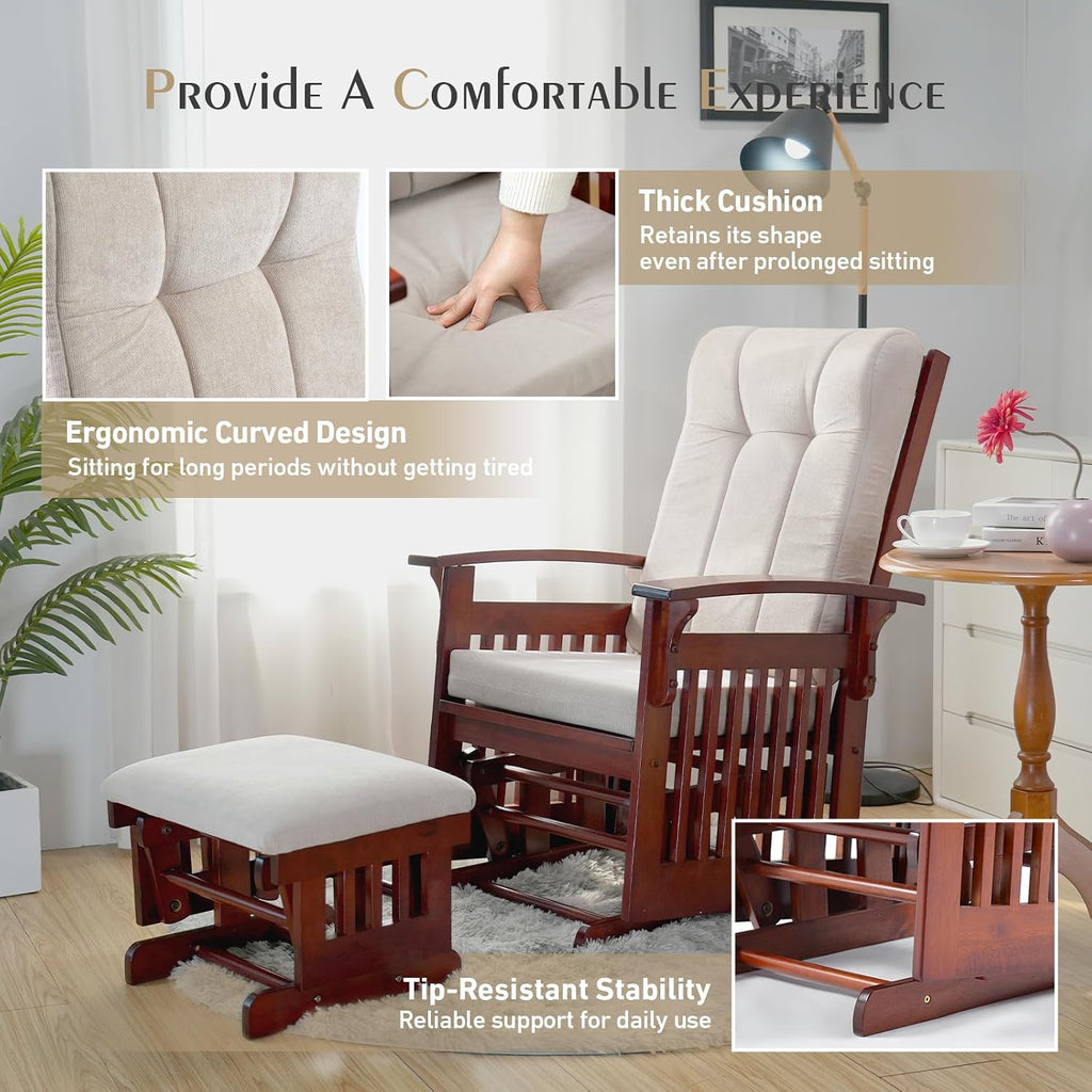 Glider Rocking Chair for the Nursery with Ottoman, 3A Solid Rubberwood Frame, Smooth-Gliding Rocking Chair Easy to