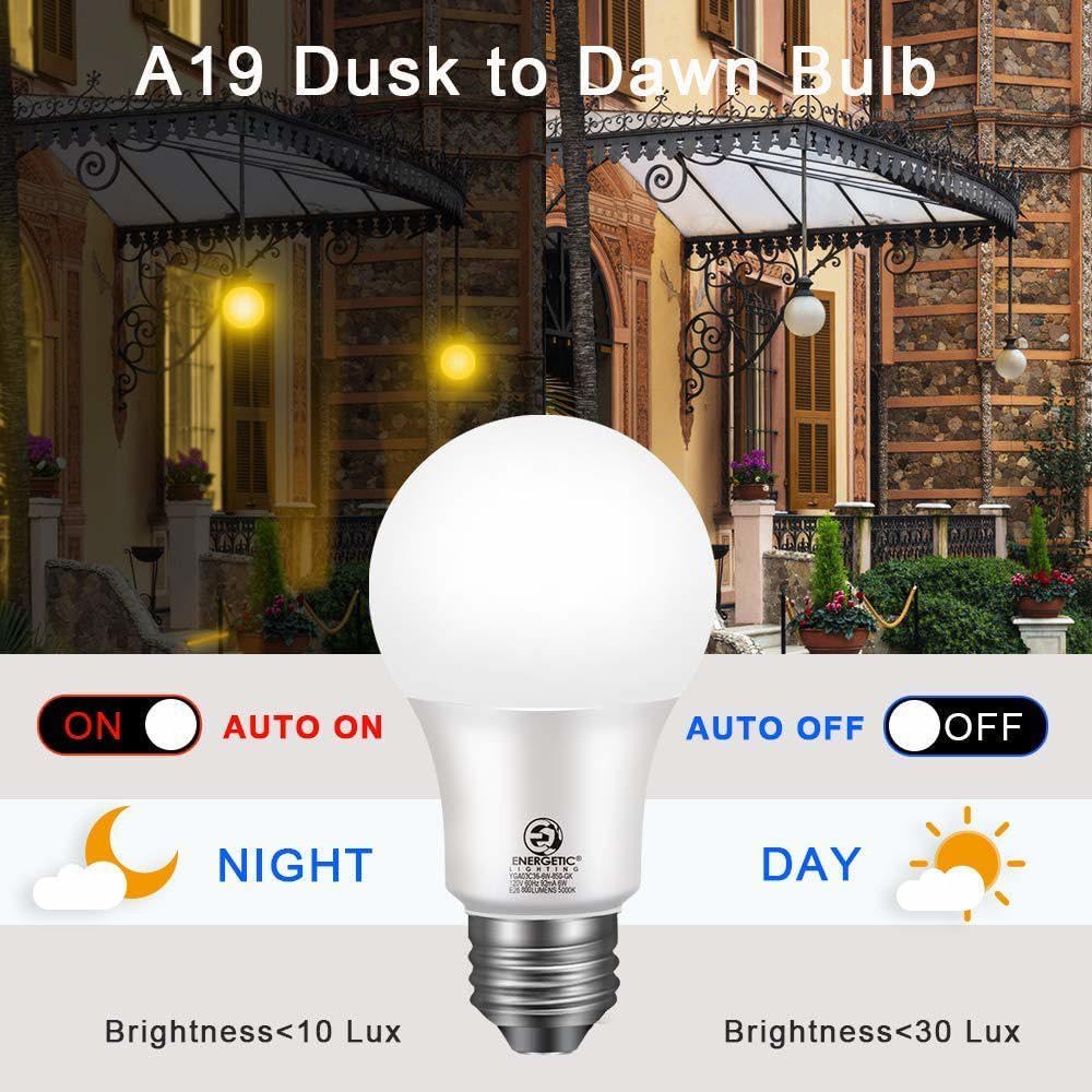 Energetic 4-Pack Dusk to Dawn LED Outdoor Light Bulb, 60 Watt Equivalent(6W), 800LM, Warm White 3000K, E26 Base