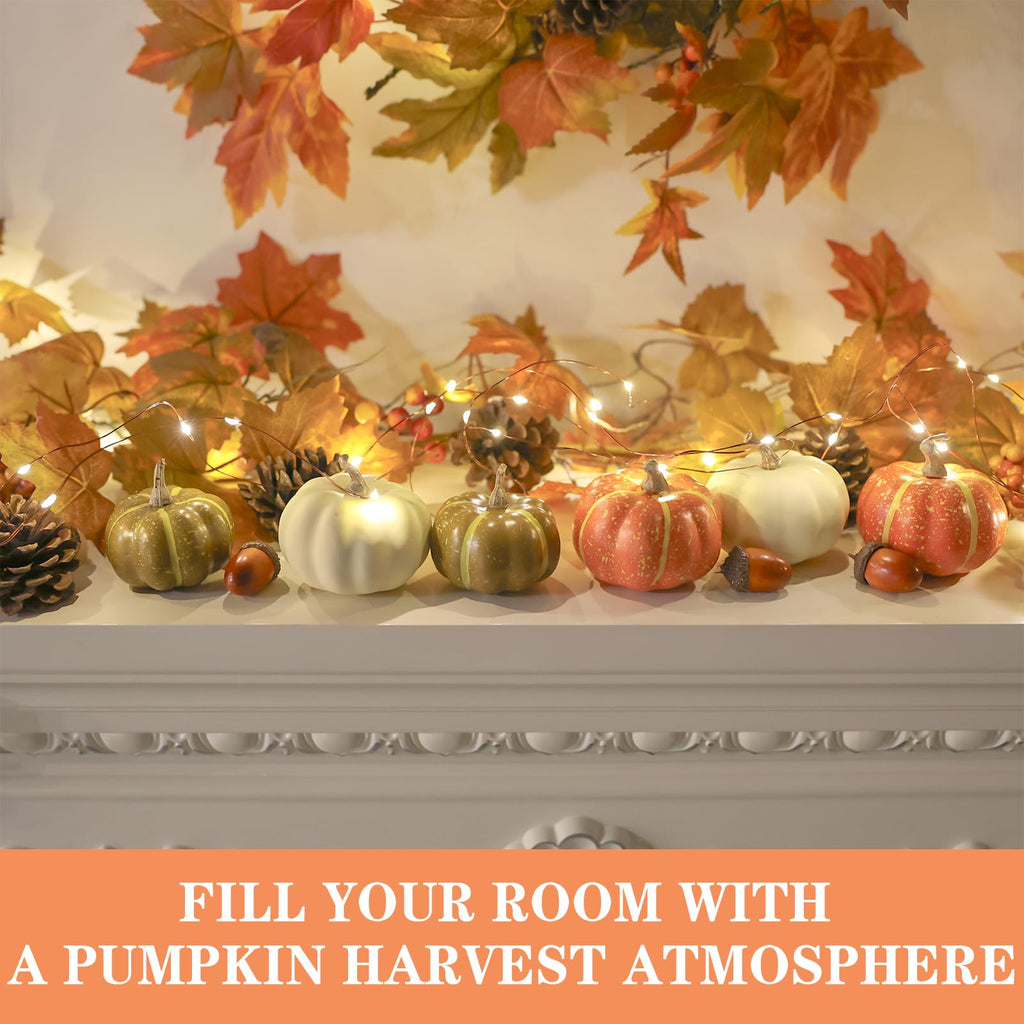 20 Pcs Realistic Fall Mini Pumpkin Decorations, Pumpkin Decor with Maple Leaves, Pine Cones, Acorns, Thanksgiving