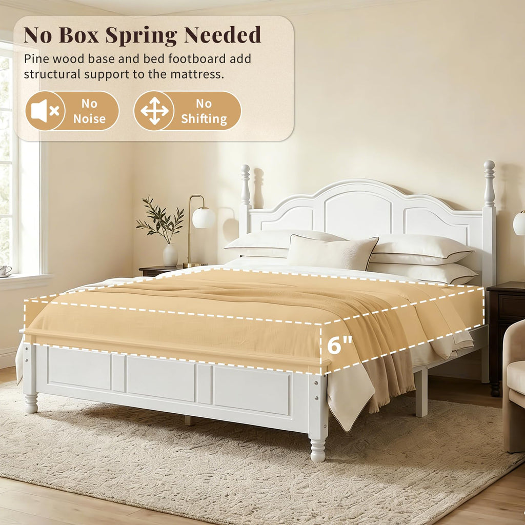 White Wood Bed Frame Full Size with Wave Shaped Gothic Headboard