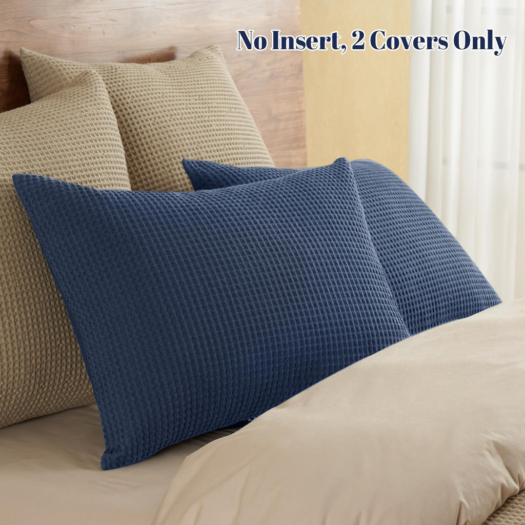 Cotton Waffle Pillow Shams Standard 20" x 26", Dark Navy, No Insert