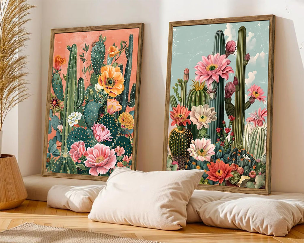Framed Mexican Cactus Canvas Wall Art Set of 2, Vintage Desert Floral Wall Decor Paintings, Southwestern Boho