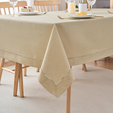 Light Natural Hemstitch Tablecloth - Contemporary Faux Linen, Solid Color, Handmade Fringe Edge, Perfect for Dinner