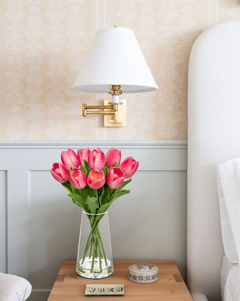 Fake Tulips Artificial Tulip Flowers in Glass Vase with Faux Water, 14.2" Real Touch Pink Tulip Flowers Spring Décor