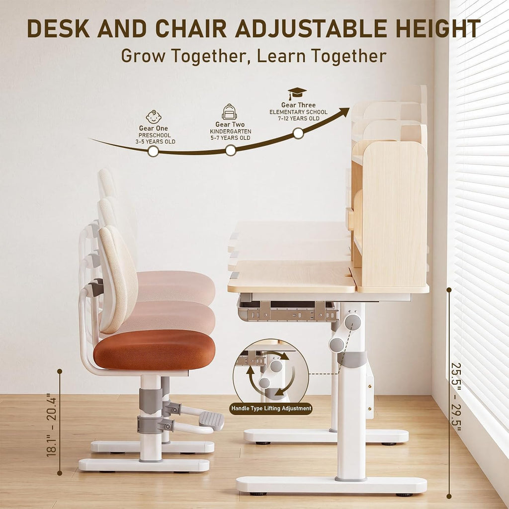 Kids Desk and Chair Set, Adjustable Study Table with Tiltable Desktop & Storage Drawer, Ergonomic Desk for Boys