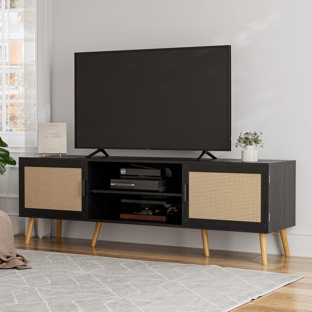 TV Stand with Rattan Doors for TVs up to 65", Mid-Century, Black