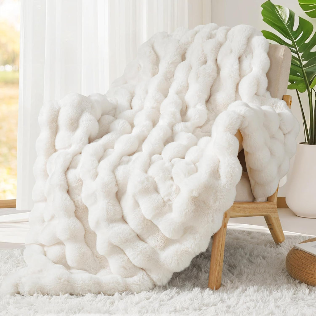 Luxury 1000GSM Faux Rabbit Fur Throw Blanket, Super Heavy Warm Cozy Blankets, Bubble Plush Fuzzy Elegant Soft Mink
