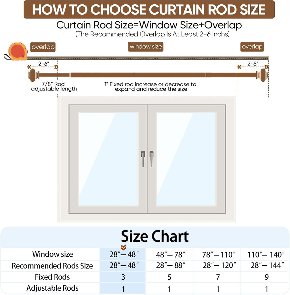 Bronze Curtain Rods for Windows 28 to 48 Inches Adjustable Decorative 1 Inch Diameter Single Window Curtain Rod Set