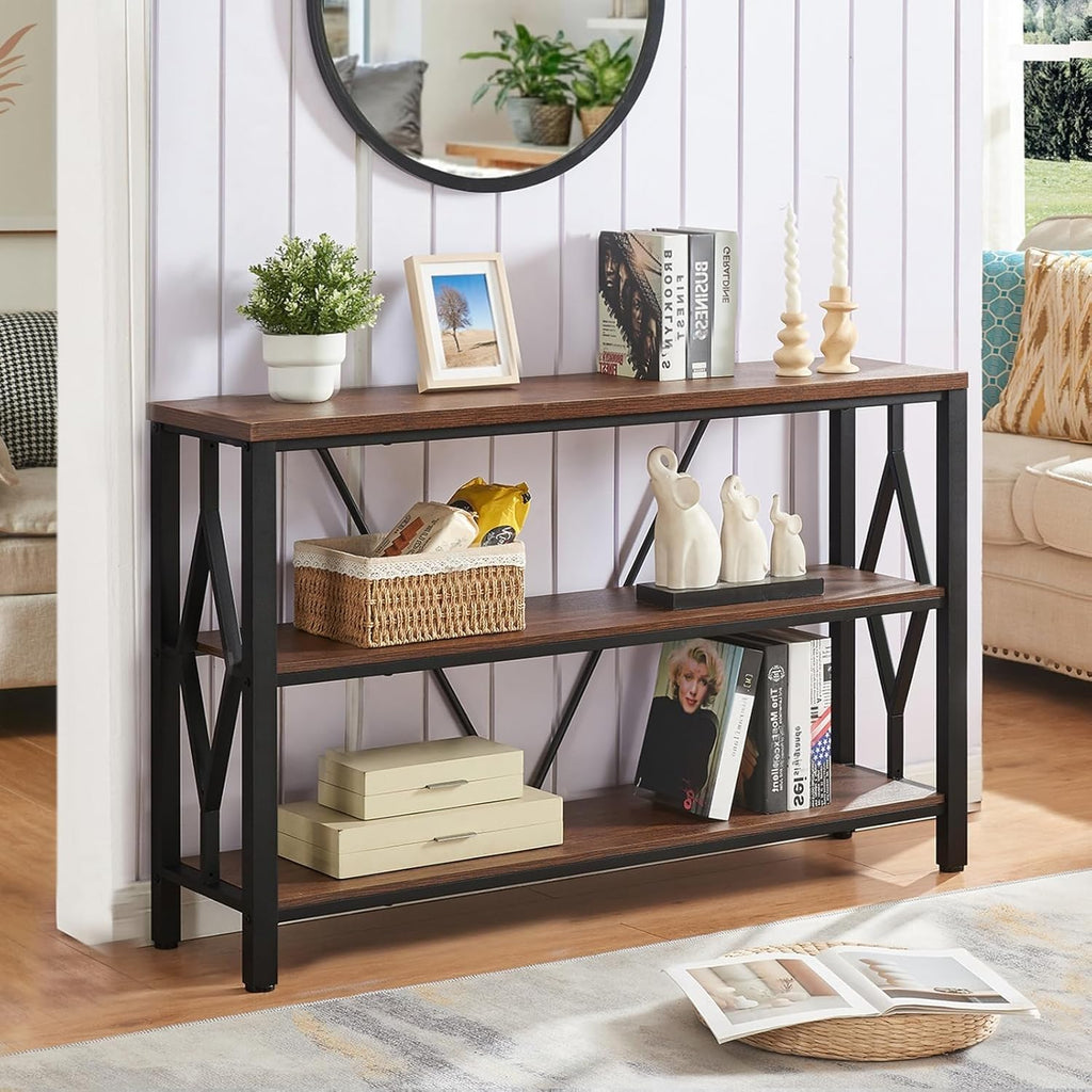Sofa Console Table, Rustic Entry Table with 3 Tier Bookshelf, Brown 47 Inch