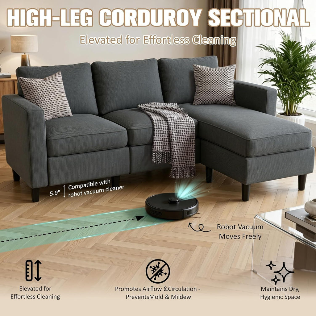 3-Seat Reversible Sectional Sofa with Ottoman, Small Couch, Grey