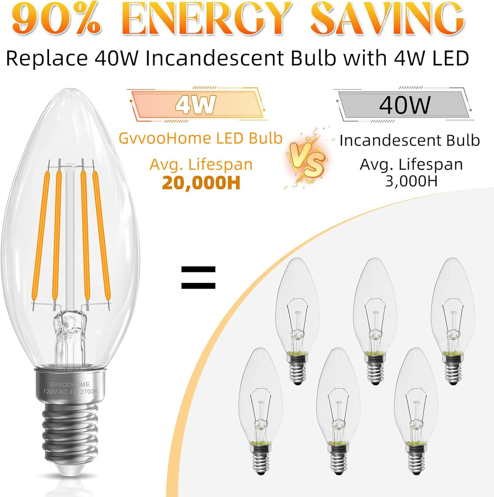 E12 Candelabra Bulb, Chandelier Light Bulbs, E12 LED Bulb, 2700K