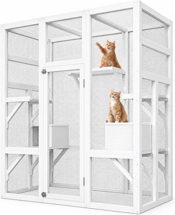 70" Large Outdoor Catio Cat Enclosure, Wood Cat Patio with Waterproof UV-Resistant Roof, Cats Shelter with 5