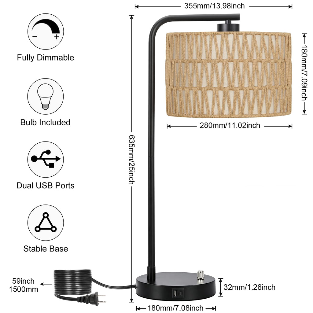 Boho Rattan Table Lamp, Fully Dimmable Tall Bedside Lamp with USB C+A Ports