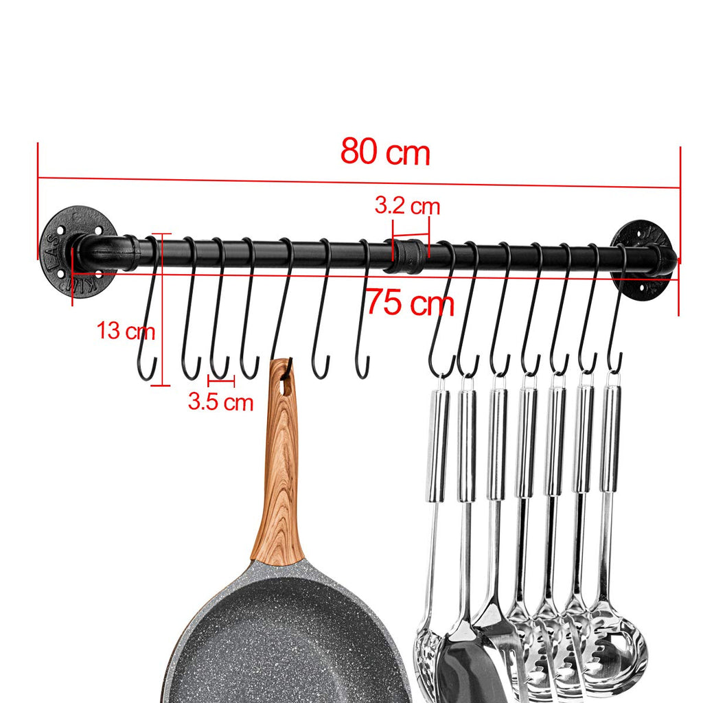 31.5 inch Pot Rack, Kitchen Wall Mounted Detachable Pan Lid Utensils Organizer Hanging Rail with 14 Hooks, Black