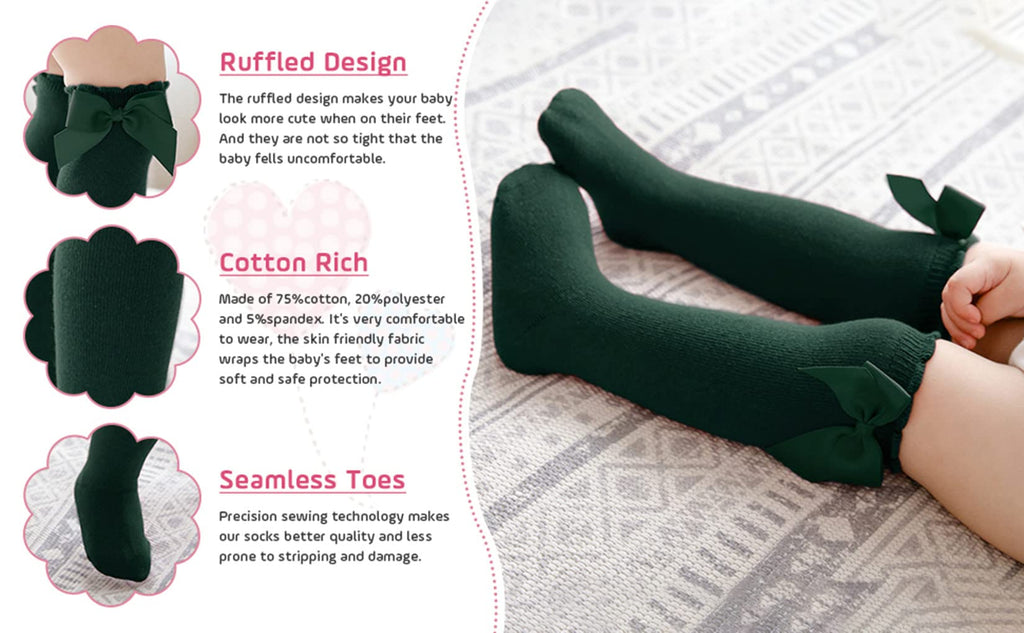 Girls Bow Knee High Socks 06Pcs Black&White&Grey&Pink&Red&Dark Green