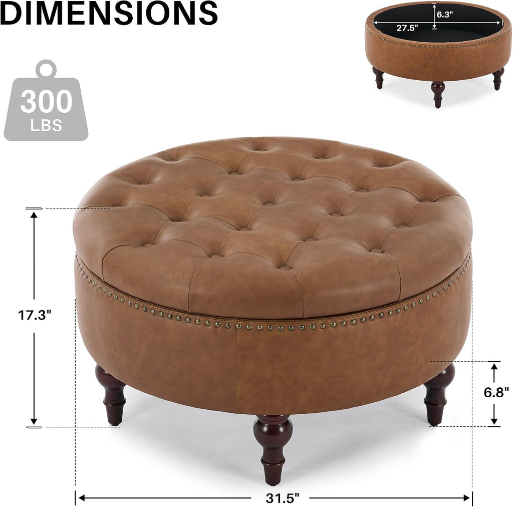 31.5" Large Round Storage Ottoman, Upholstered PU Ottoman Coffee Table | Large Ottoman with Solid Wooden Legs and