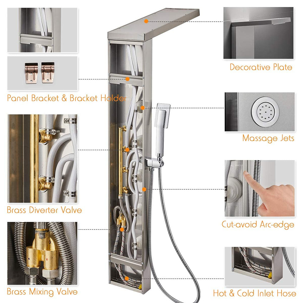 4-in-1 Rainfall Waterfall Shower Panel Tower System, Brushed Finish
