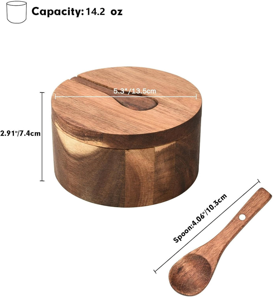 Wood Salt and Pepper Box, 3 Compartment Salt and Pepper Cellar With Lid and Spoon,Spice Condiment Container Countertop