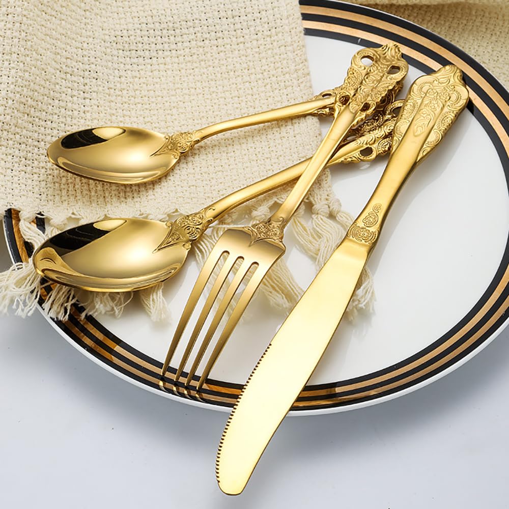 16-Piece Silver Gold Cutlery Set for 4, Two-Tone Silverware with Textured Handle, Modern Flatware with Knife, Fork