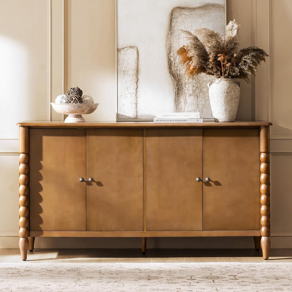 60" Sideboard Cabinet with Spindle Design, Transitional Storage Cabinet with 4 Doors, Adjustable Shelves