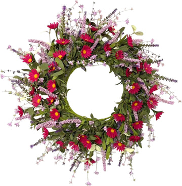 24 Inch Artificial Spring Summer Wreath for Front Door, Colorful Floral Wreath with Red Daisies Lavender