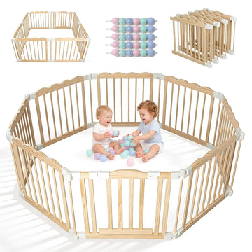 Foldable Wooden Baby Playpen, Pre-Assembled Pine Wood Play Pen, 60x60x24in | Adjustable Shape & Size Large Baby Fence
